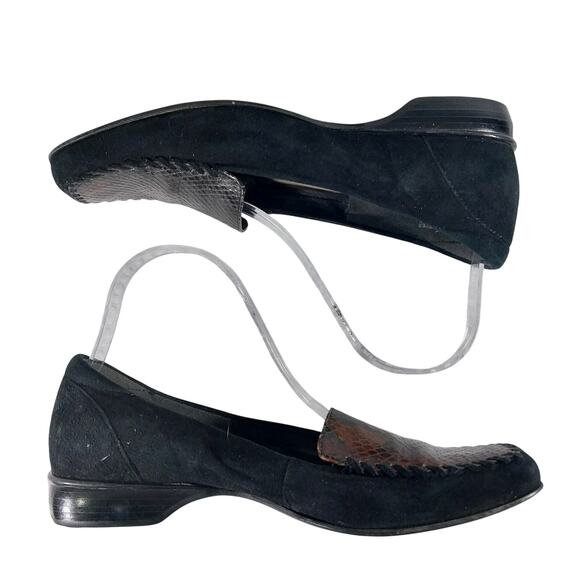 ENZO ANGIOLINI! BLACK GENUINE SUEDE LEATHER, BROWN LIZARD INSET LOAFER HEELS! 8M - Picture 6 of 10